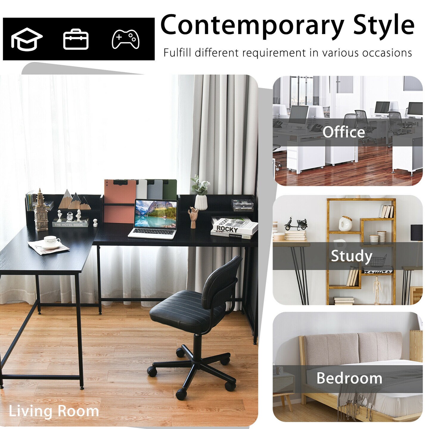 Costway 65.5&#x27;&#x27; L-shaped Computer Desk Home Office Corner Table w/Bookshelf