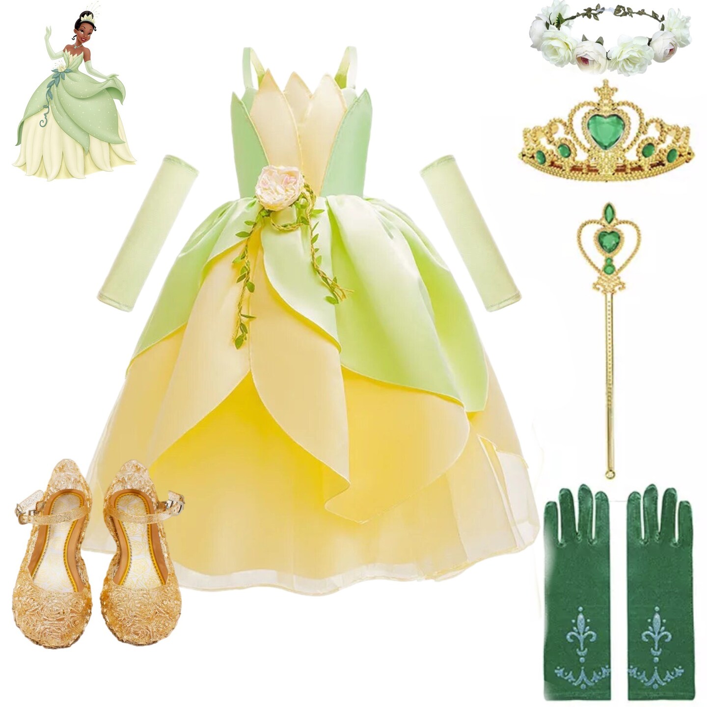 Princess And The Frog Disney Inspired Tiana Princess Dress Costume Set,  Birthday Party Dress, Dress up, Cosplay | MakerPlace by Michaels