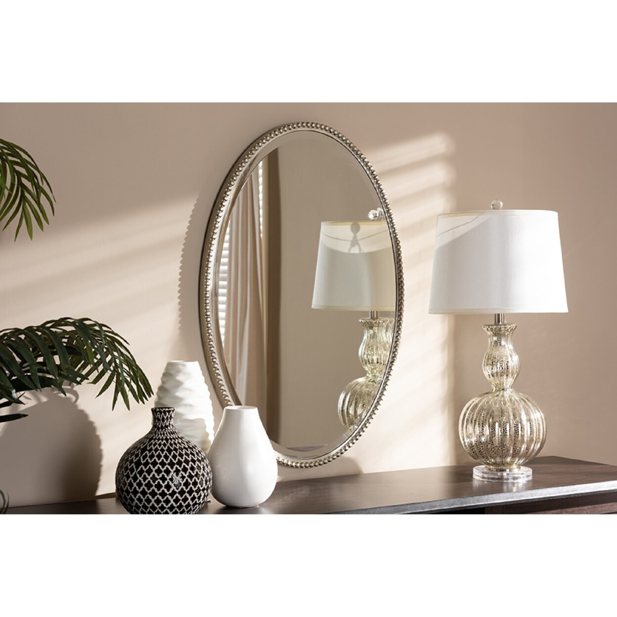 Wholesale Interiors Baxton Studio Graca Modern and Contemporary Antique Silver Finished Oval Accent Wall Mirror,
