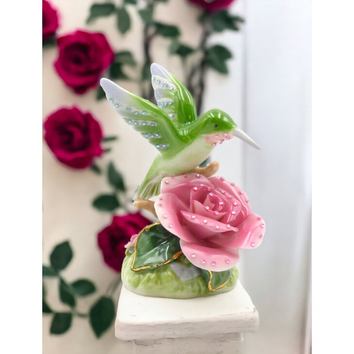 kevinsgiftshoppe Ceramic Glittering Hummingbird With Pink Rose Flower Figurine Home Decor   Nature Lover Decor Cottagecore