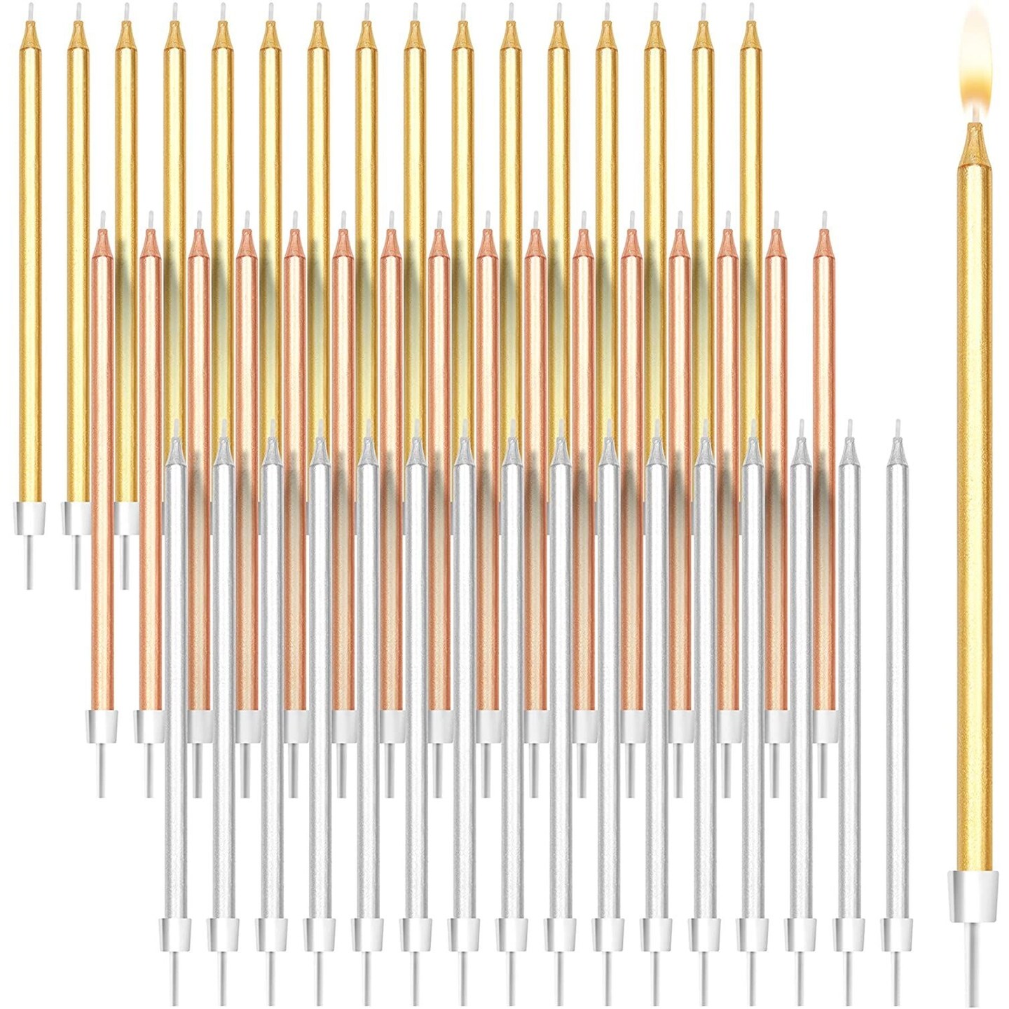 Metallic Long Birthday Candles for Cake with Holders (5 In, 48 Pack)