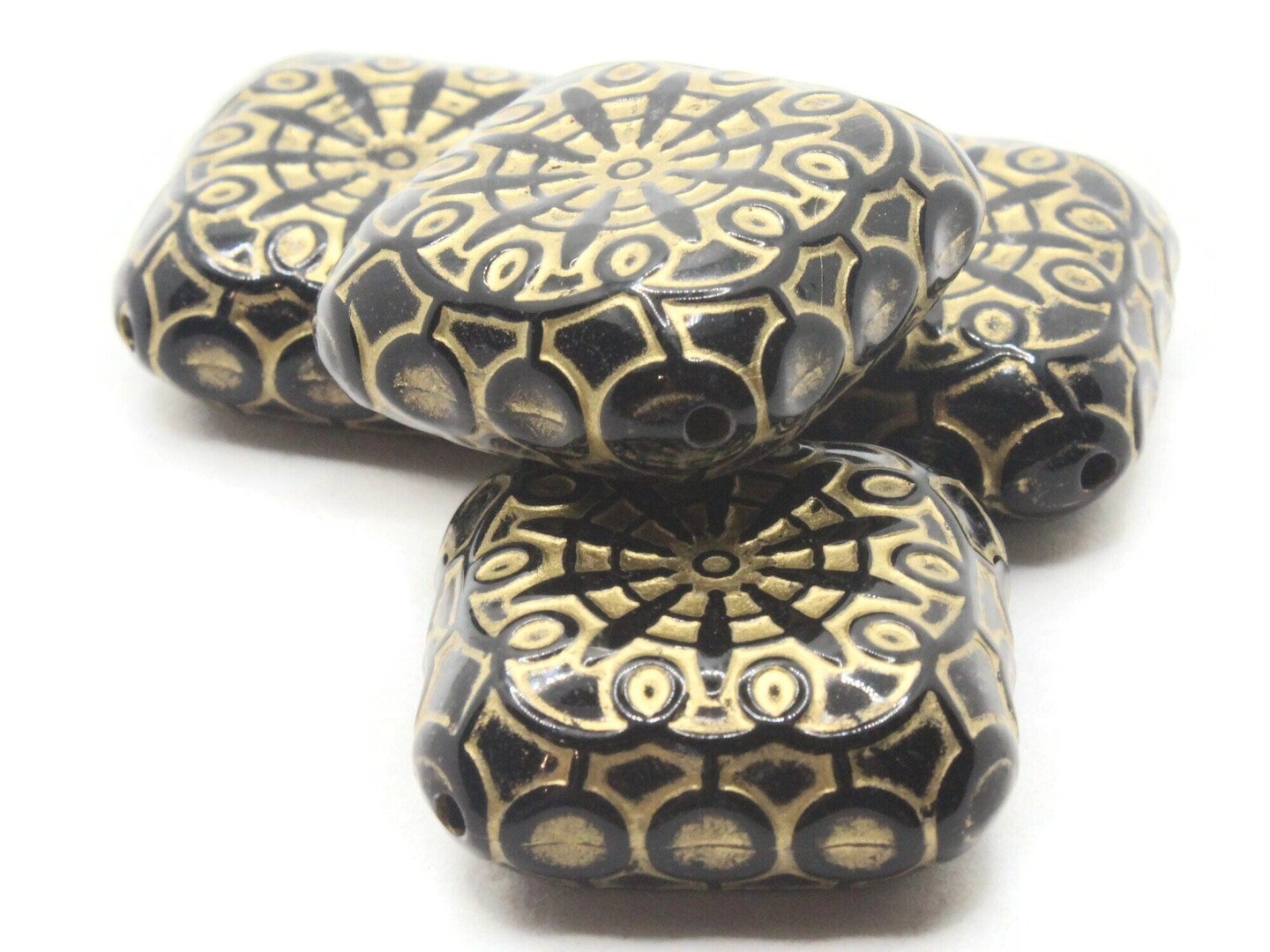 4 37mm Black Plastic Flat Square Beads with Gold