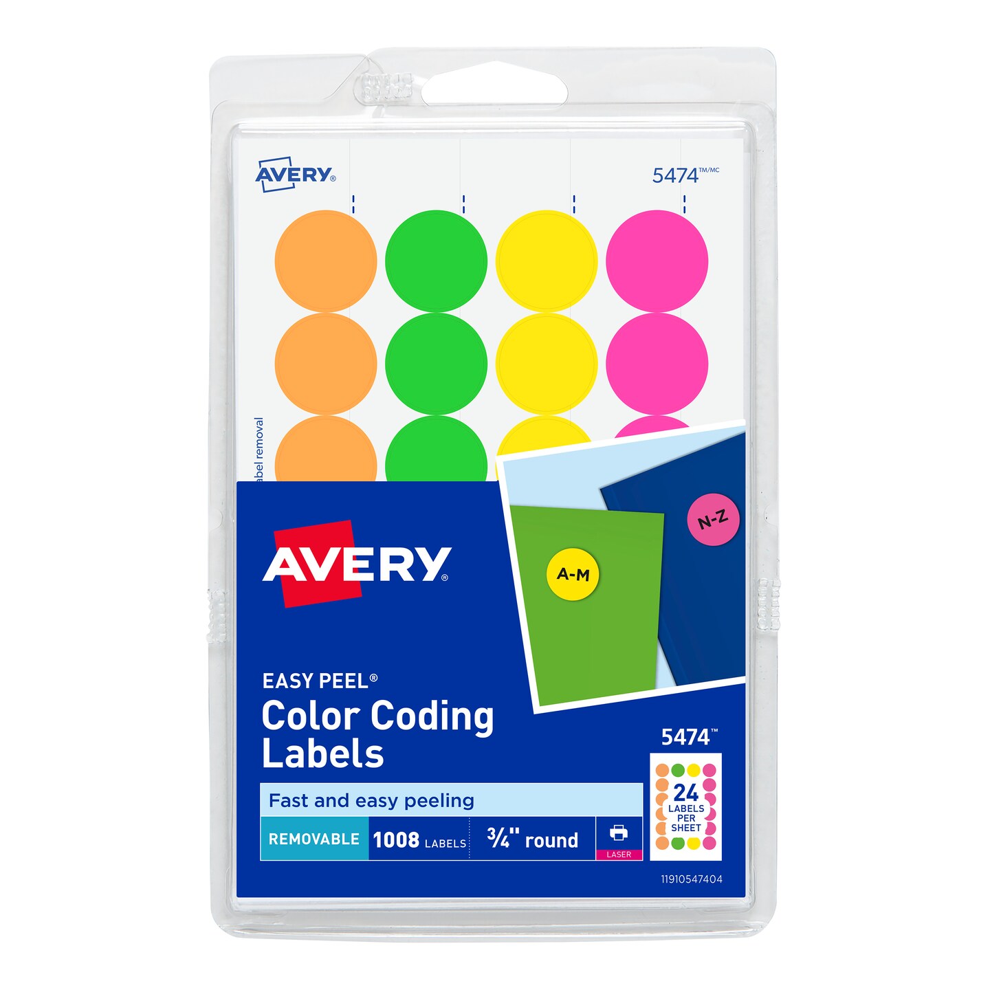 Avery Removable Print or Write Color Coding Labels, 3/4&#x22; Round, Assorted Neon, Pack of 1008 (5474)