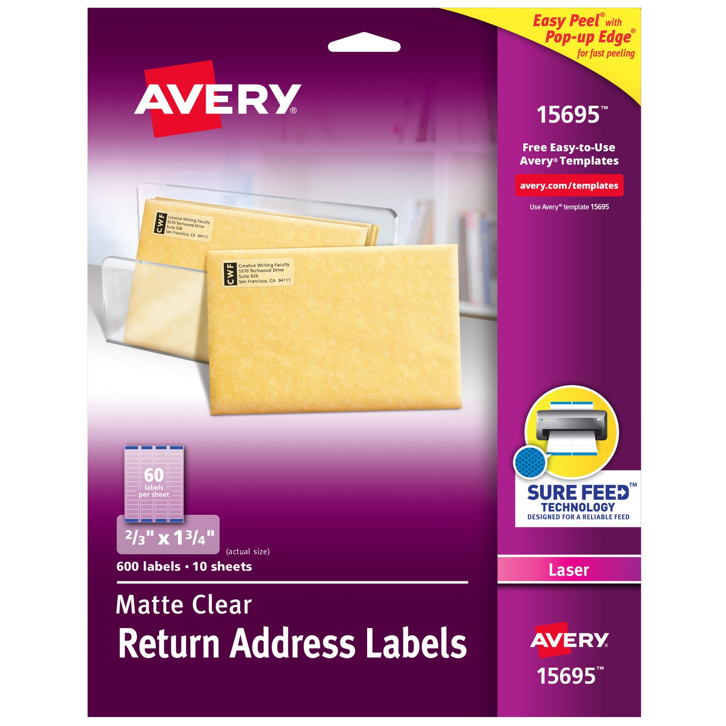 Avery Matte Clear Return Address Labels, Sure Feed Technology, Laser, 2/3&#x22; x 1-3/4&#x22;, 600 Labels (15695)