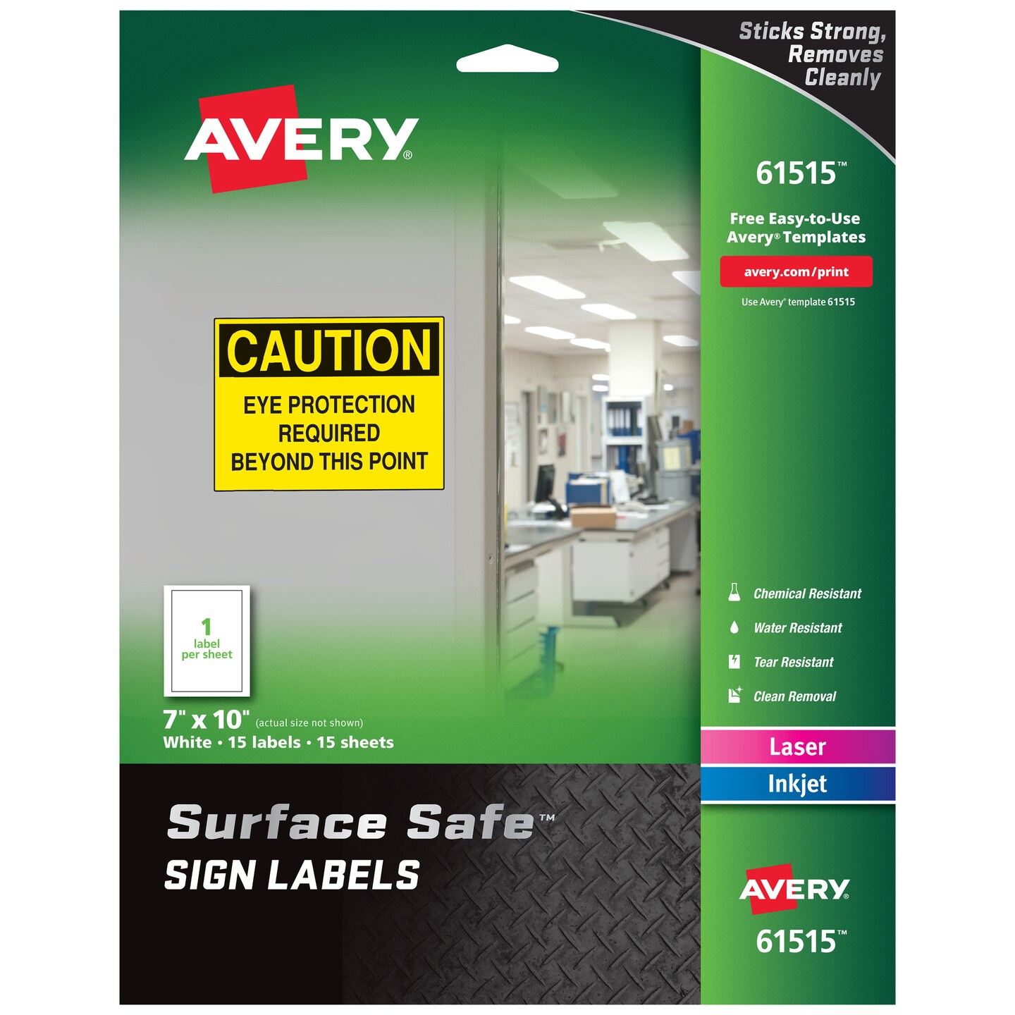 Avery Removable Label Safety Signs, 7&#x22; x 10&#x22;, Printable, Water/Chemical Resistant, 15 Labels (61515)