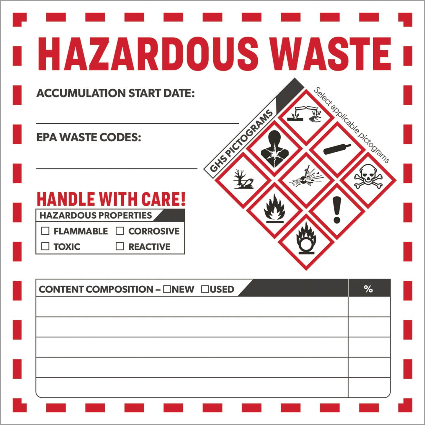 Avery Hazardous Waste Accumulation Labels, Pre-Printed, Handwrite Only, 4" x 4", 100 Labels (61535)
