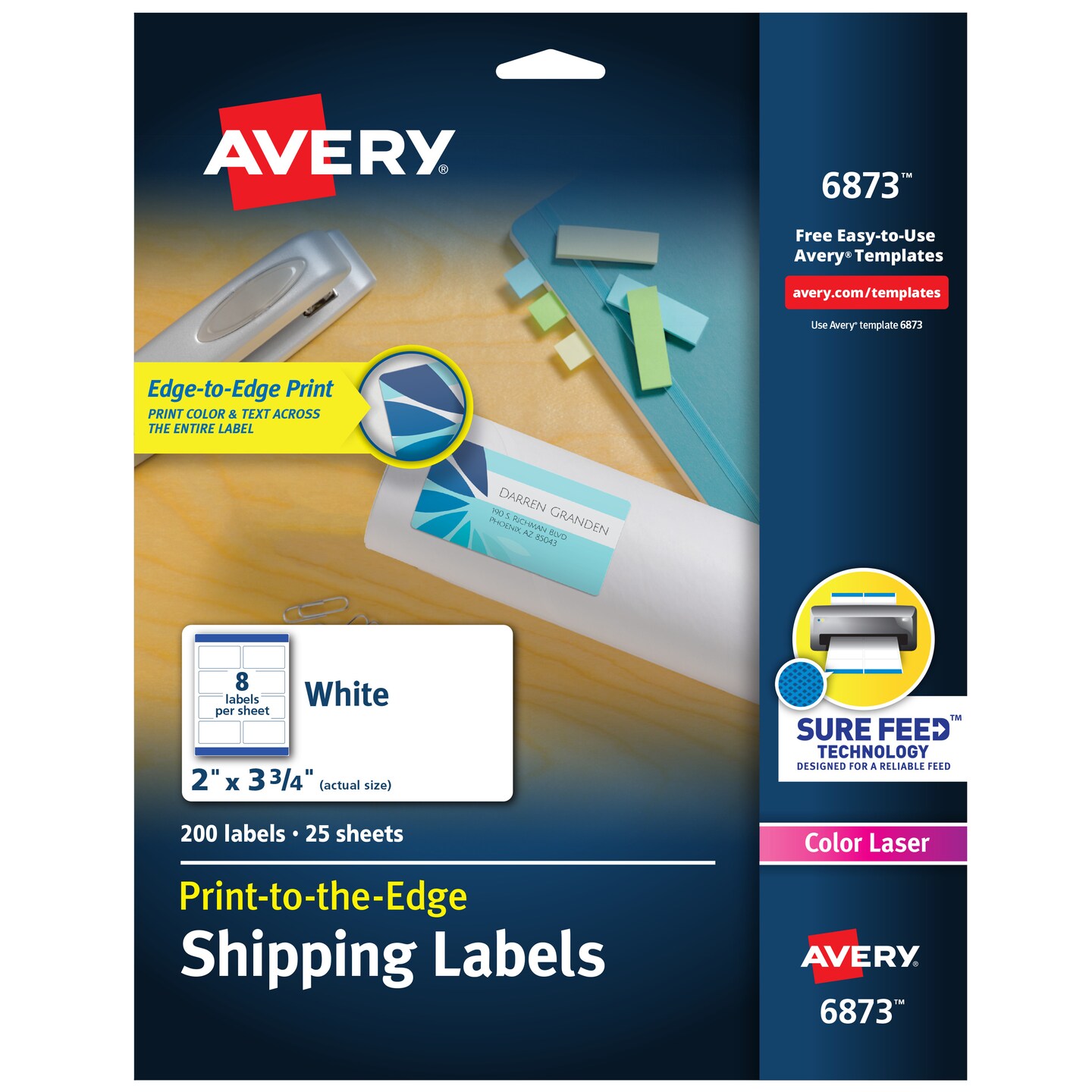 Avery Shipping Labels with Sure Feed for Color Laser Printers, Print-to-the-Edge, 2&#x22; x 3-3/4&#x22;, 200 White Labels (6873)