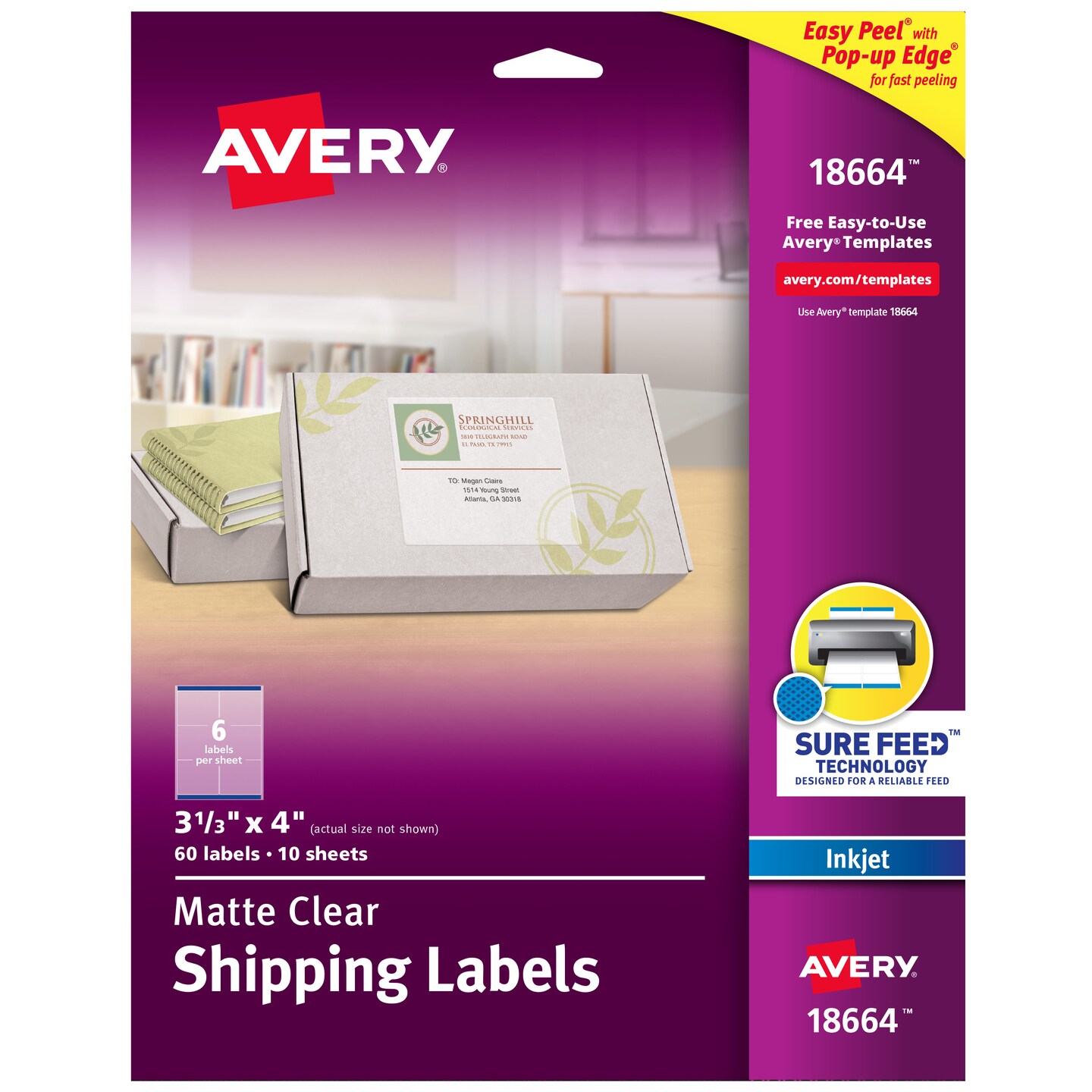 Avery Matte Clear Shipping Labels, Sure Feed Technology, Inkjet, 3-1/3&#x22; x 4&#x22;, 60 Labels (18664)