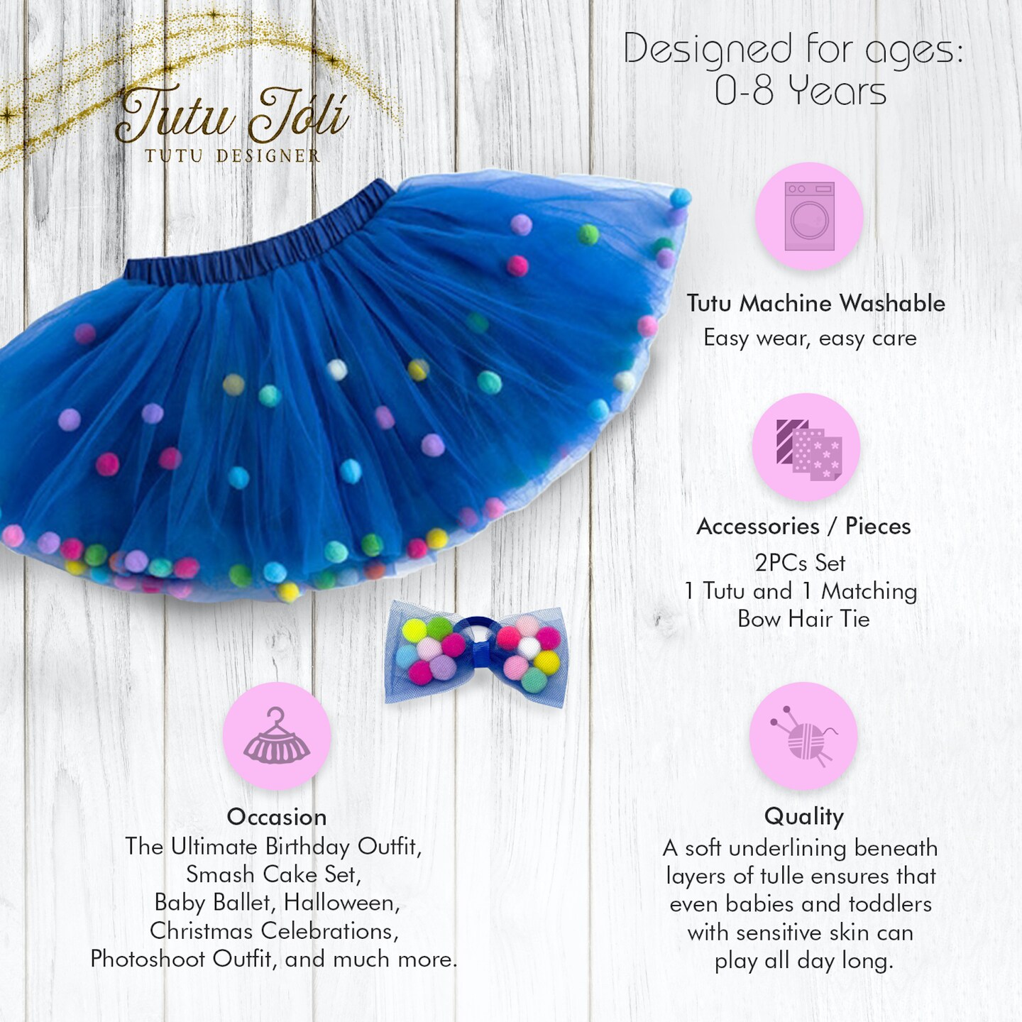 Pom Pom Blue Tutu w Bow Hair Tie | Birthday Tutu Girl 0