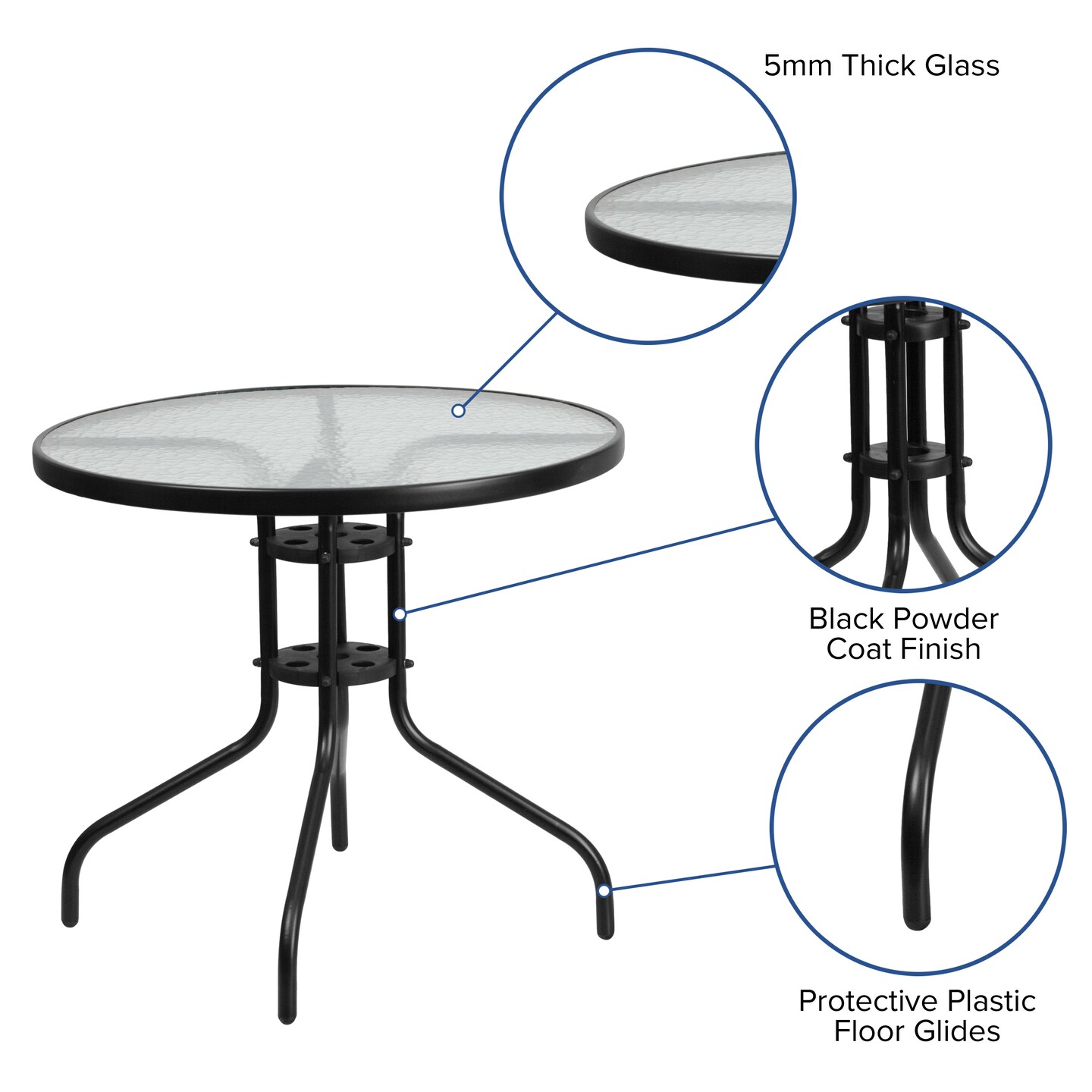 Emma and Oliver Five Piece Patio Table Set with Round Metal Table with Tempered Glass Top and 4 Flex Comfort Stacking Chairs