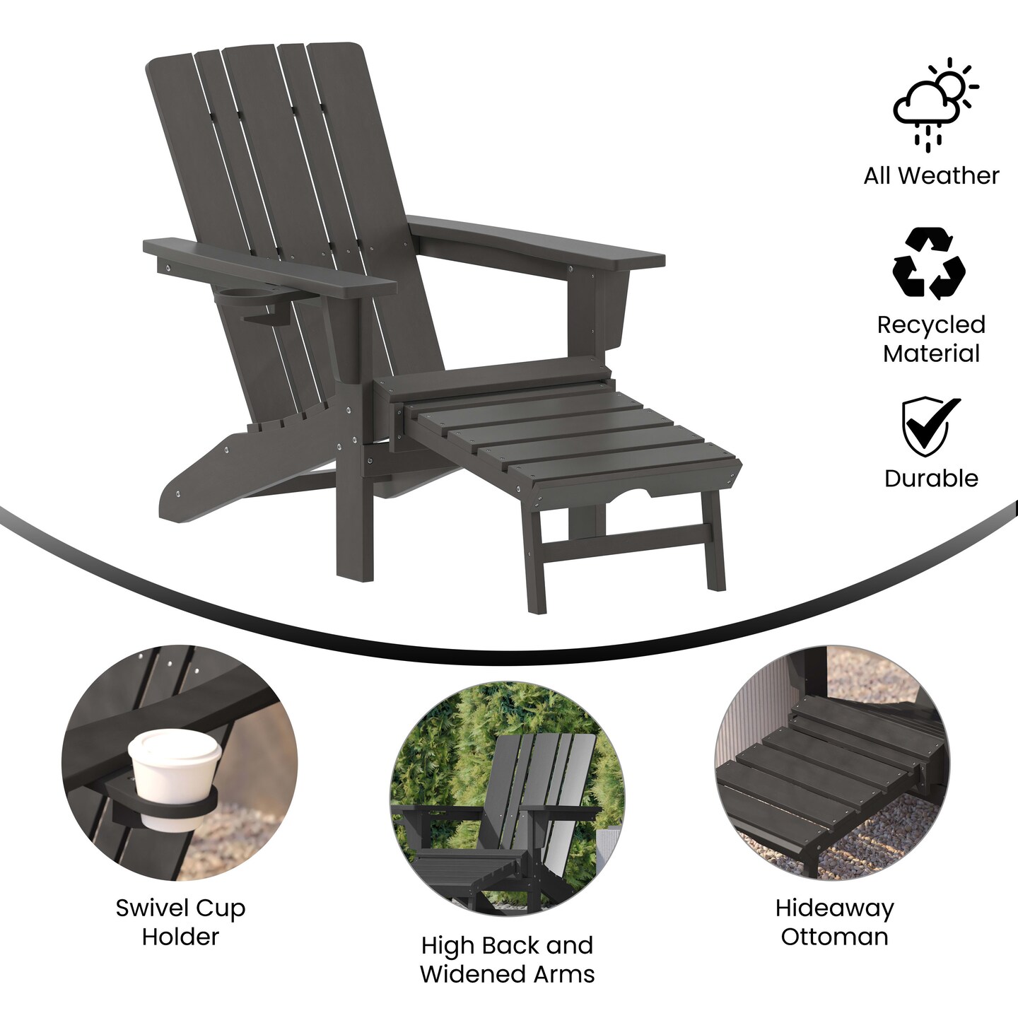 Merrick Lane Ridley HDPE Adirondack Chair with Cup Holder and Pull Out Ottoman, All-Weather HDPE Indoor/Outdoor Lounge Chair