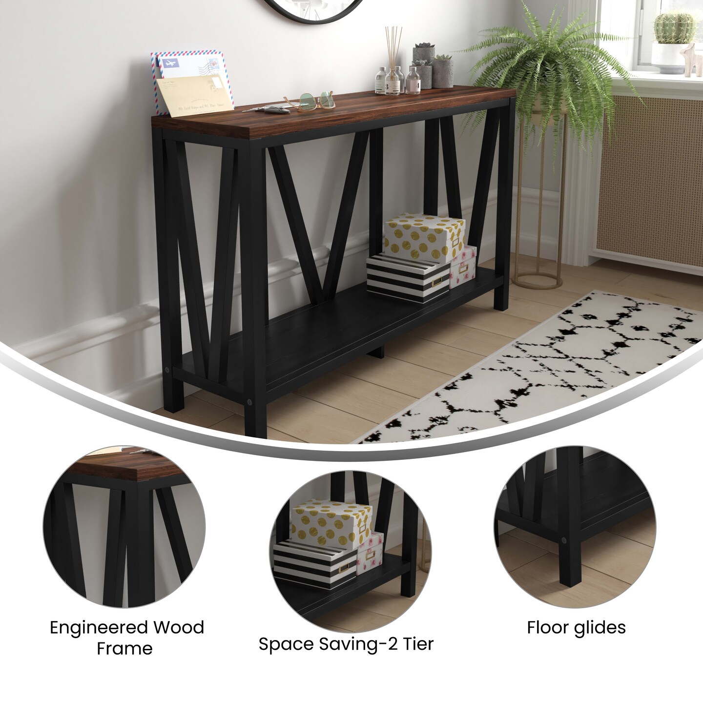 Merrick Lane Erikson Modern Farmhouse Engineered Wood Sofa Table with Wood Bracing and Lower Shelf