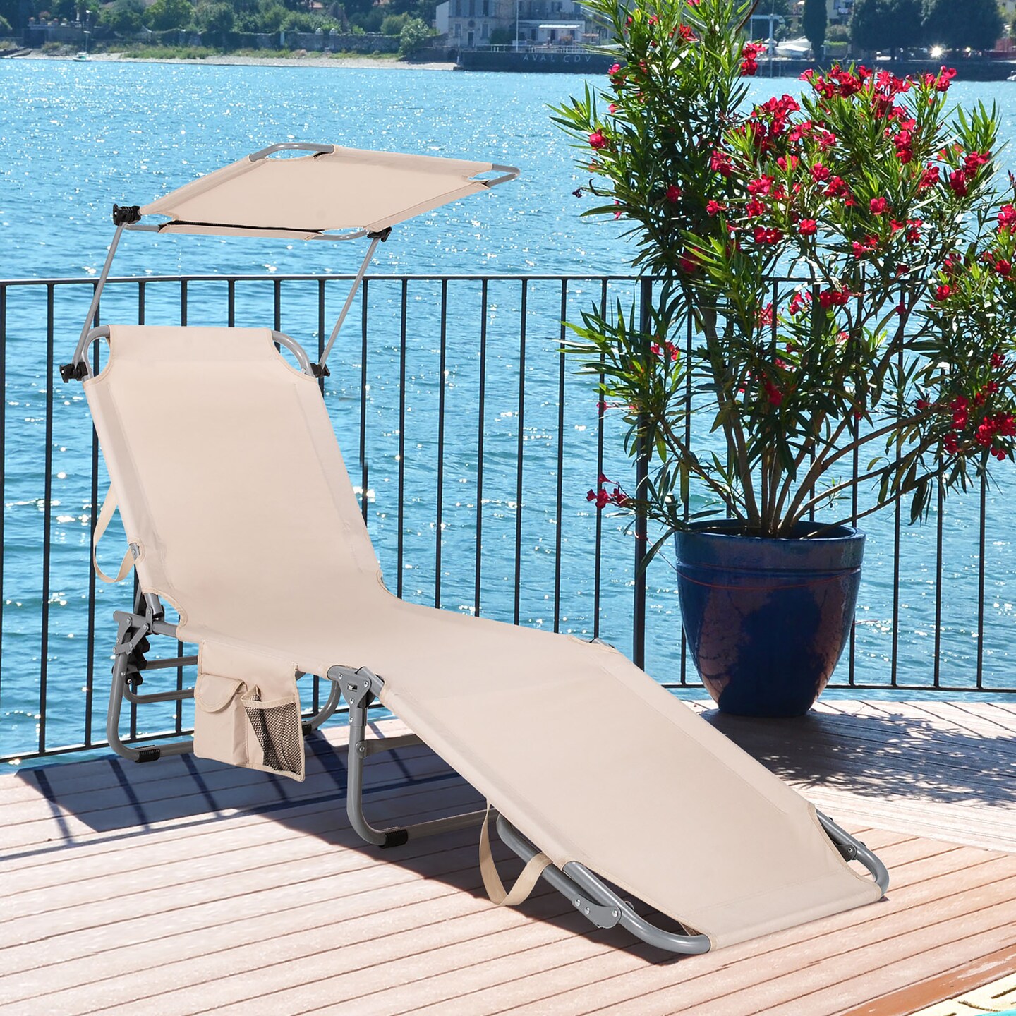 Costway Foldable Lounge Chair Outdoor Adjustable Beach Patio Pool Recliner with Sun Shade