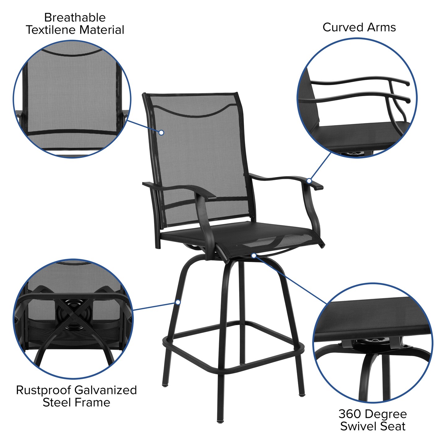 Merrick Lane Set of 2 Brett High Back Bar Height Swivel Patio Stools with Powder Coated Metal Frames and Textilene Upholstery