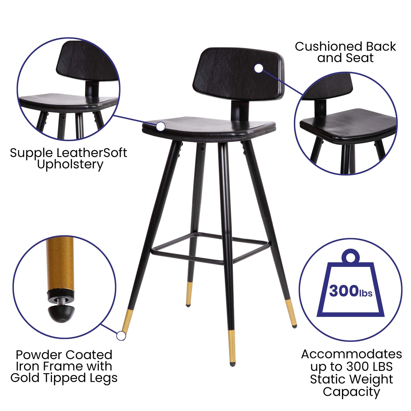 Merrick Lane Aragon Faux Leather Barstools Contemporary Upholstered Stools with Metal Frame and Integrated Footrest - Set of 2