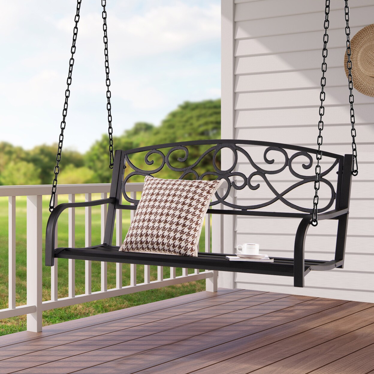 Gymax Patio Hanging Porch Swing Outdoor 2 Person Metal Swing Bench
