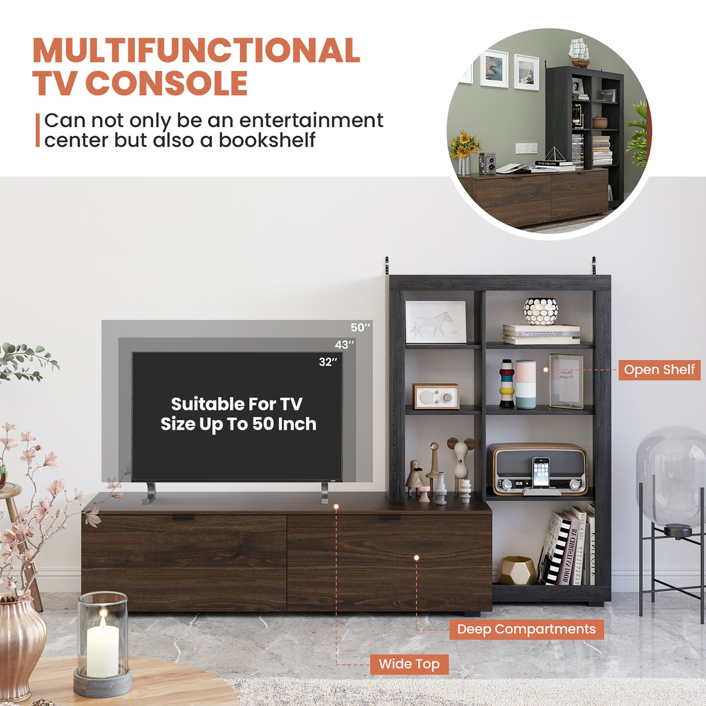 Costway 2-in-1 TV Stand Entertainment Center w/ 4-tier Bookcase Adjustable Shelf