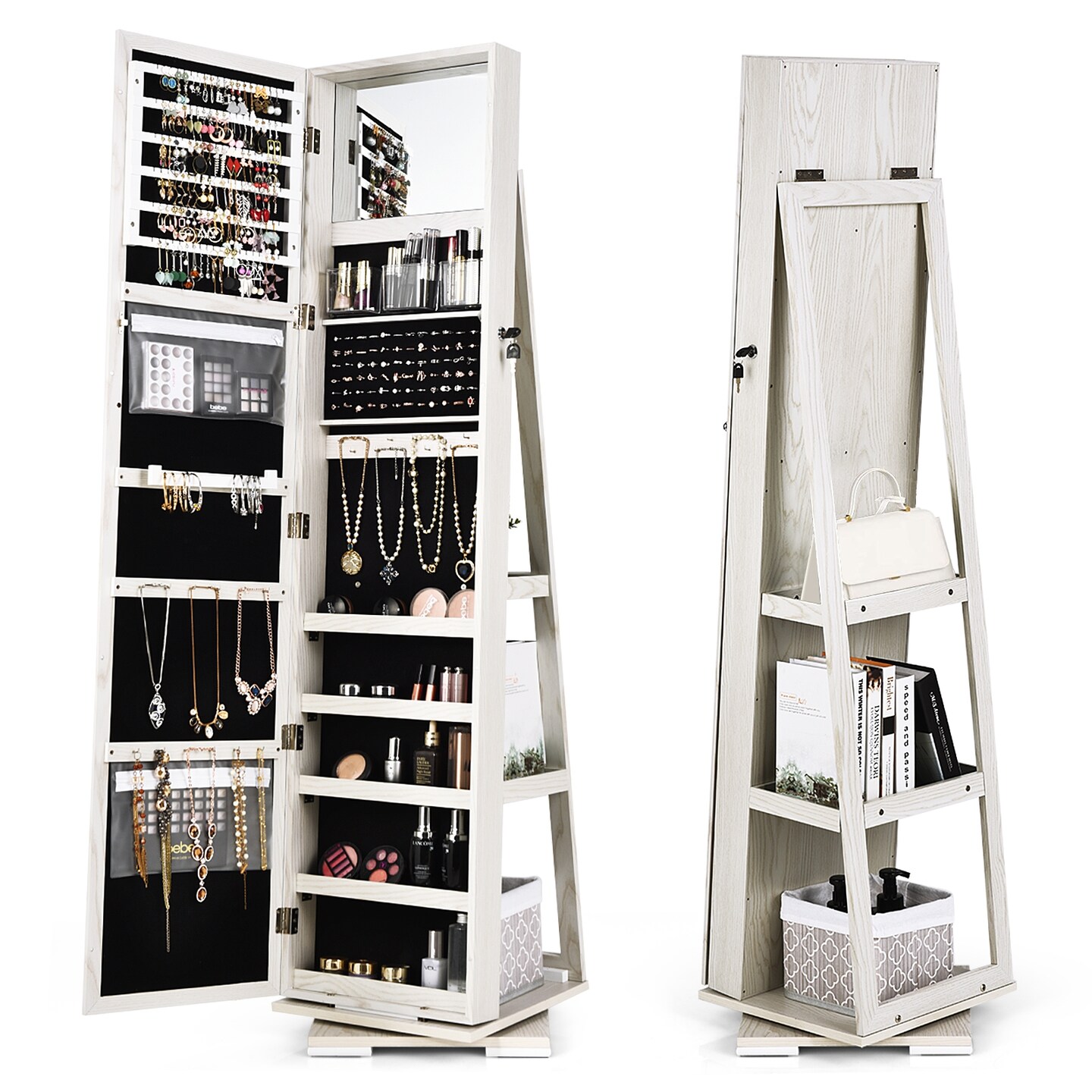 360° Rotatable Armoire 2-in-1 Lockable Mirrored Jewelry Cabinet