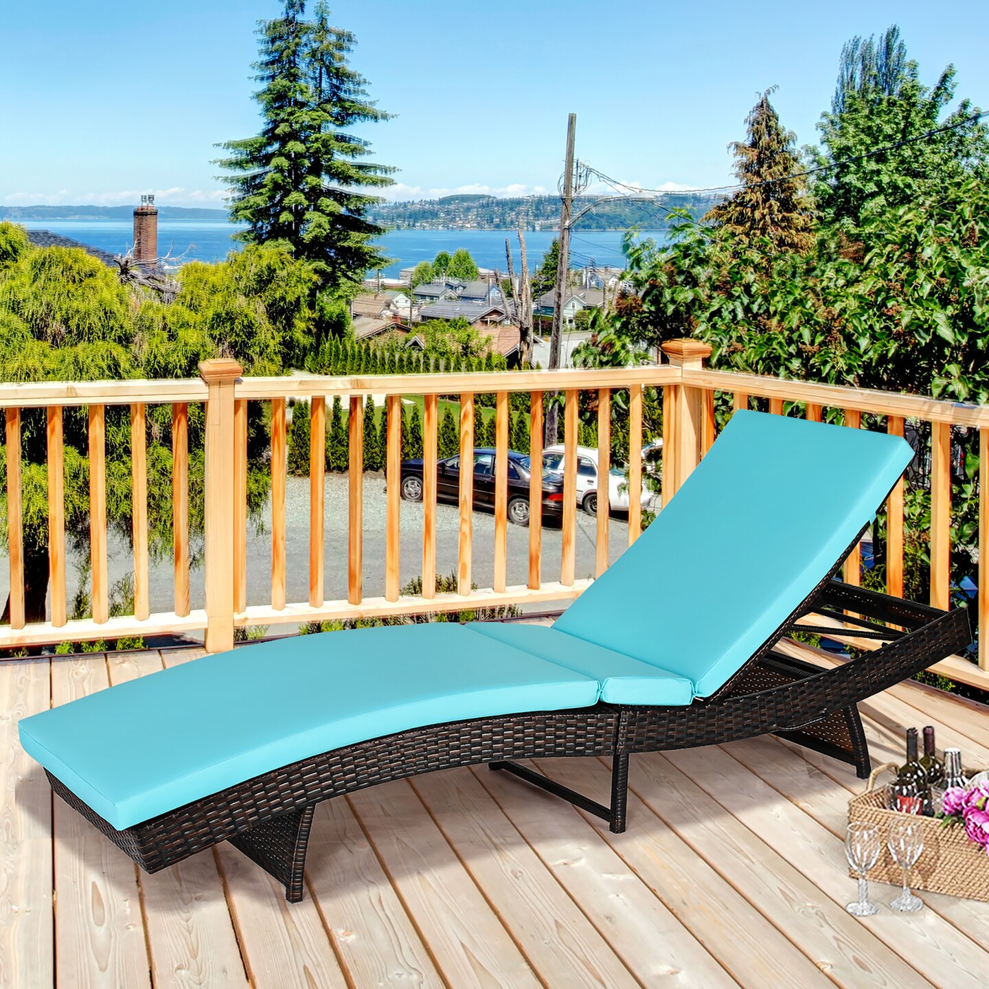 Costway Patio Rattan Folding Lounge Chair Chaise Adjustable W/White\Turquoise Cushion