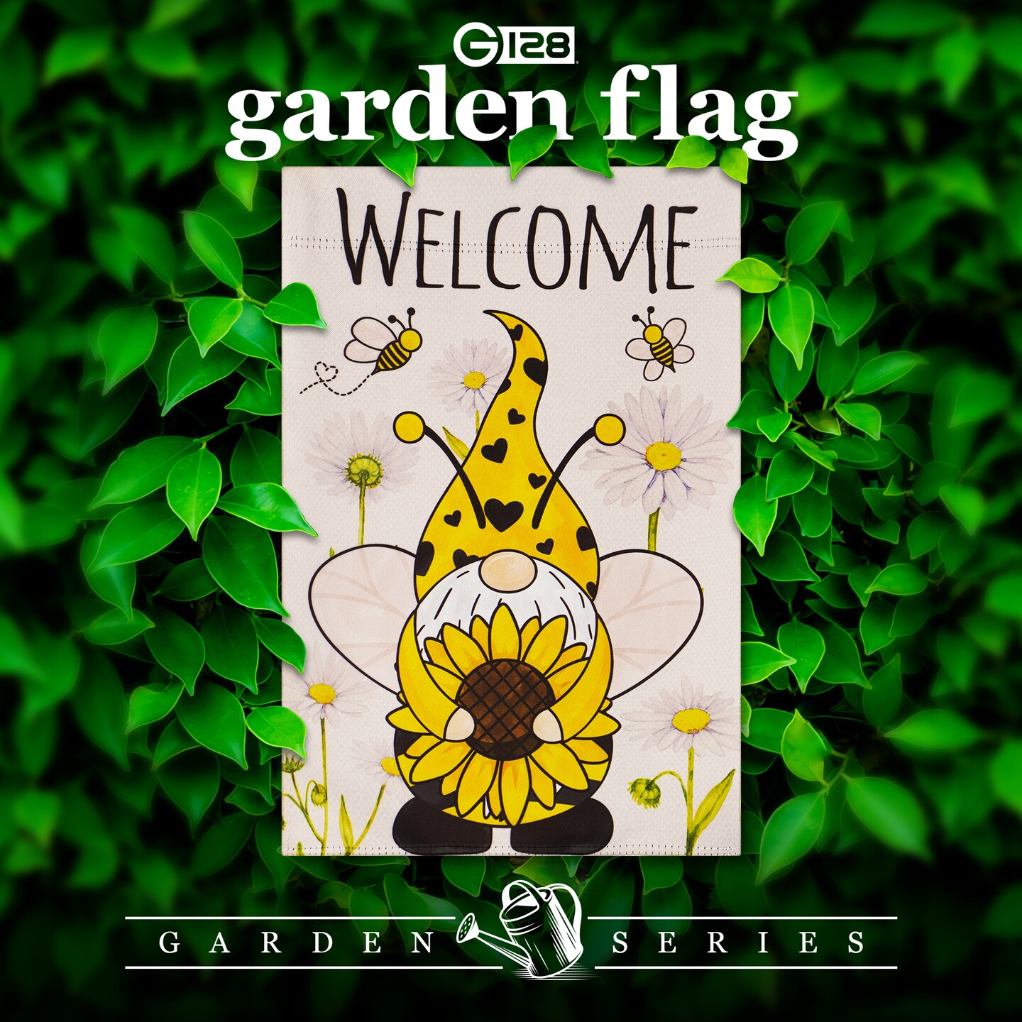G128 Garden Flag Welcome Bee Gnome with Sunflower 12"x18" Blockout Fabric