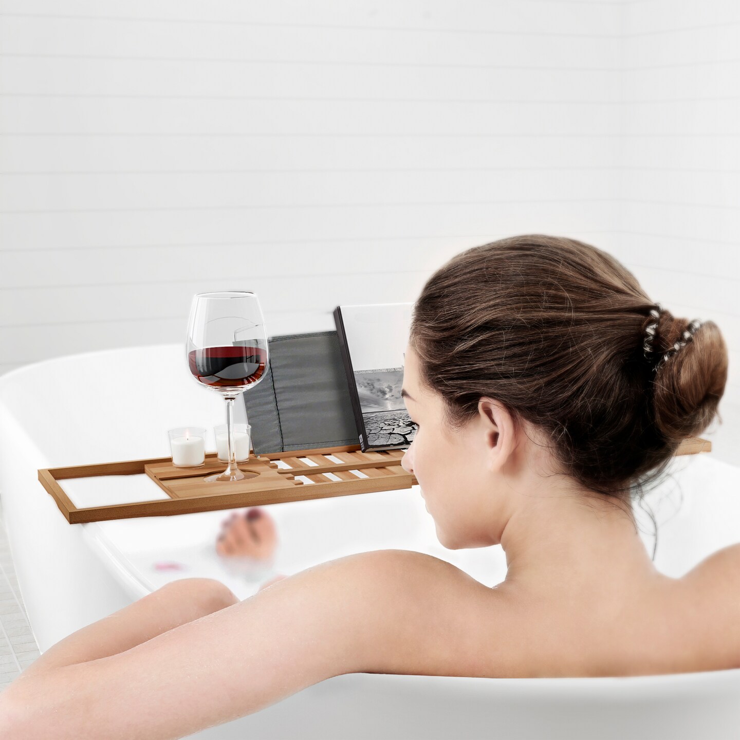Bamboo Bath Caddy Natural Wood Bathtub Tray With Adjustable Sides And Cupholders