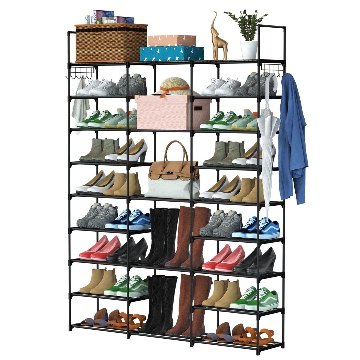 SKUSHOPS 9 Tiers Shoe Rack Metal Shoe Storage Shelf Free Standing Large Shoe Stand with 2 Hooks for Entryway Closet Garage