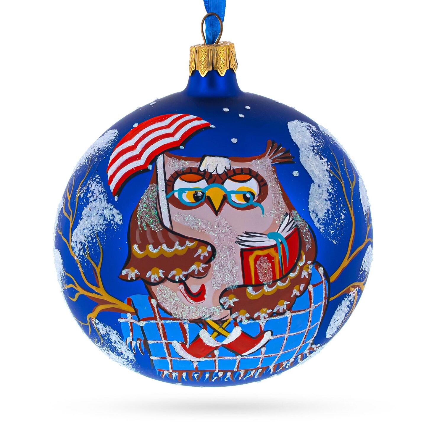 Scholarly Bird Immersed in a Book Hand-Glass Ball Christmas Ornament 4 Inches