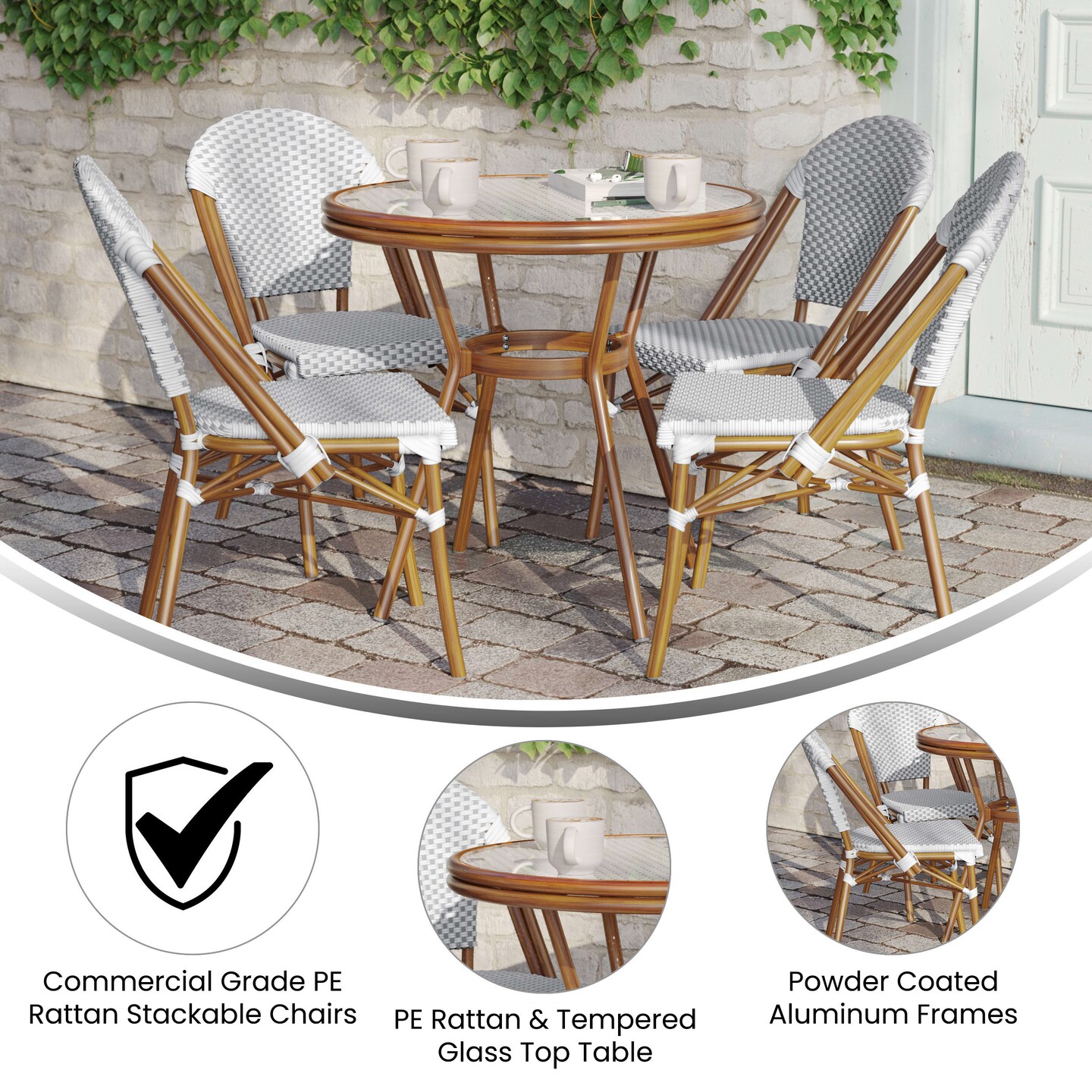 Merrick Lane Celia Bistro Style Table with Glass Top, PE Rattan, 4 Stack Chairs, and Bamboo Finished Metal Frame for Indoor/Outdoor Use