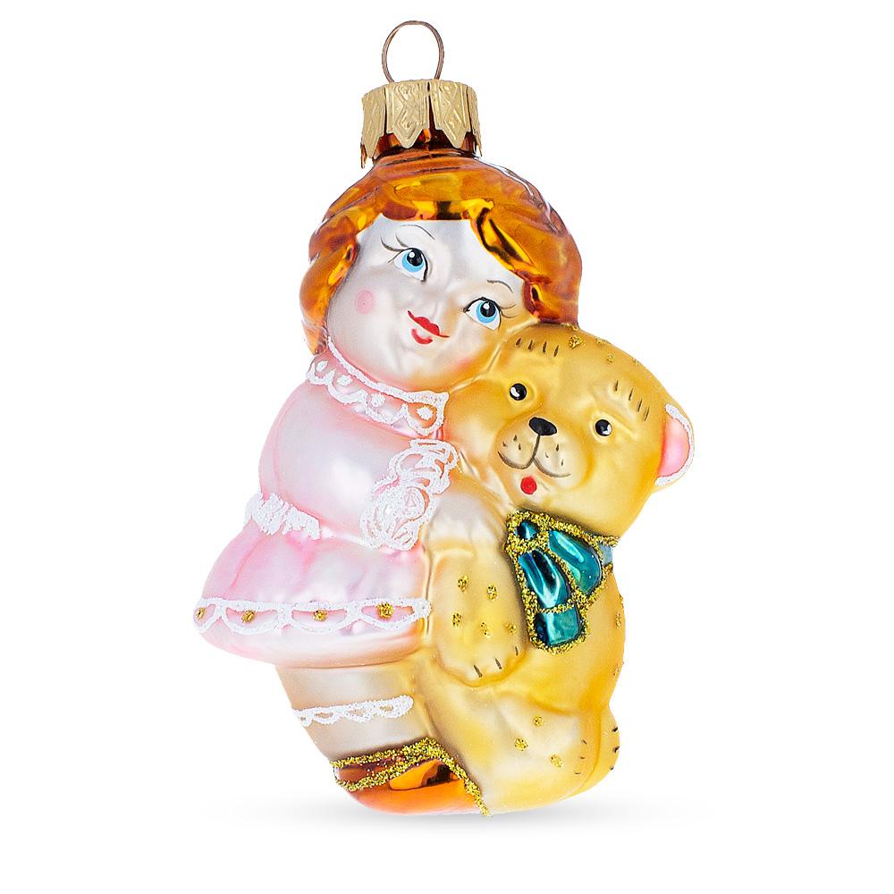 Girl With Teddy Bear Mini Glass Christmas Ornament