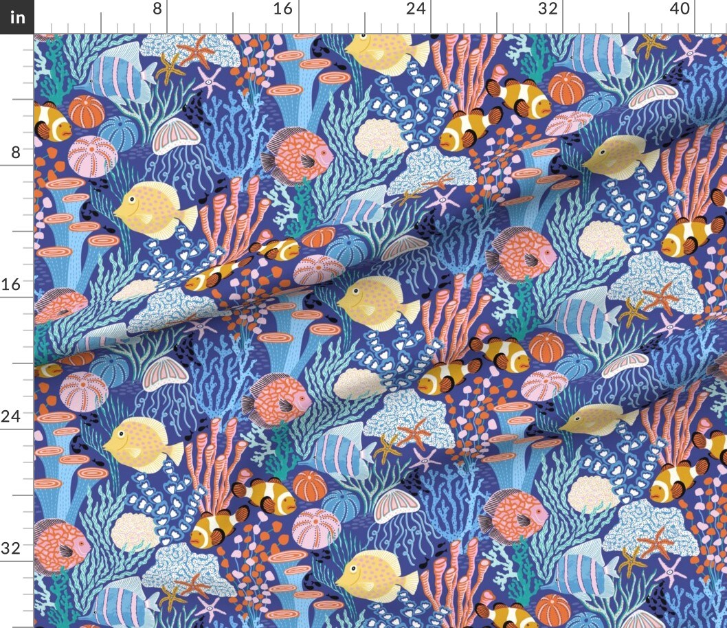 Various Fabrics by the Yard or Fat Quarter Coral Reef Blue Colorful Tropical Under The Sea Coastal Custom Printed Fabric by Spoonflower