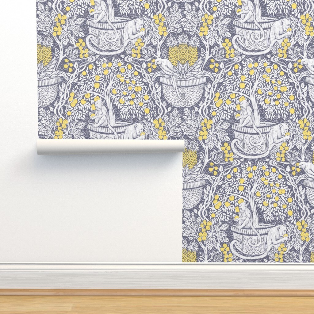 Exotic Damask Tropical Fruit Monkey Parrot Arts And Crafts Lemon Tree Yellow Gray Grey Custom Pre-pasted Wallpaper by Spoonflower Pre-Pasted Wallpaper 2FT Wide