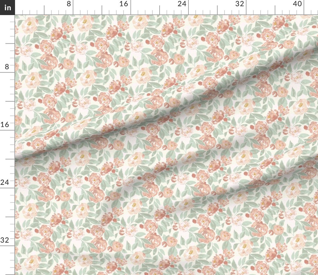 Watercolor Peony Blush Pink Sage Small Scale Delicate Botanical Modern Rose Floral Custom Printed Fabric by Spoonflower Various Fabrics by the Yard or Fat Quarter