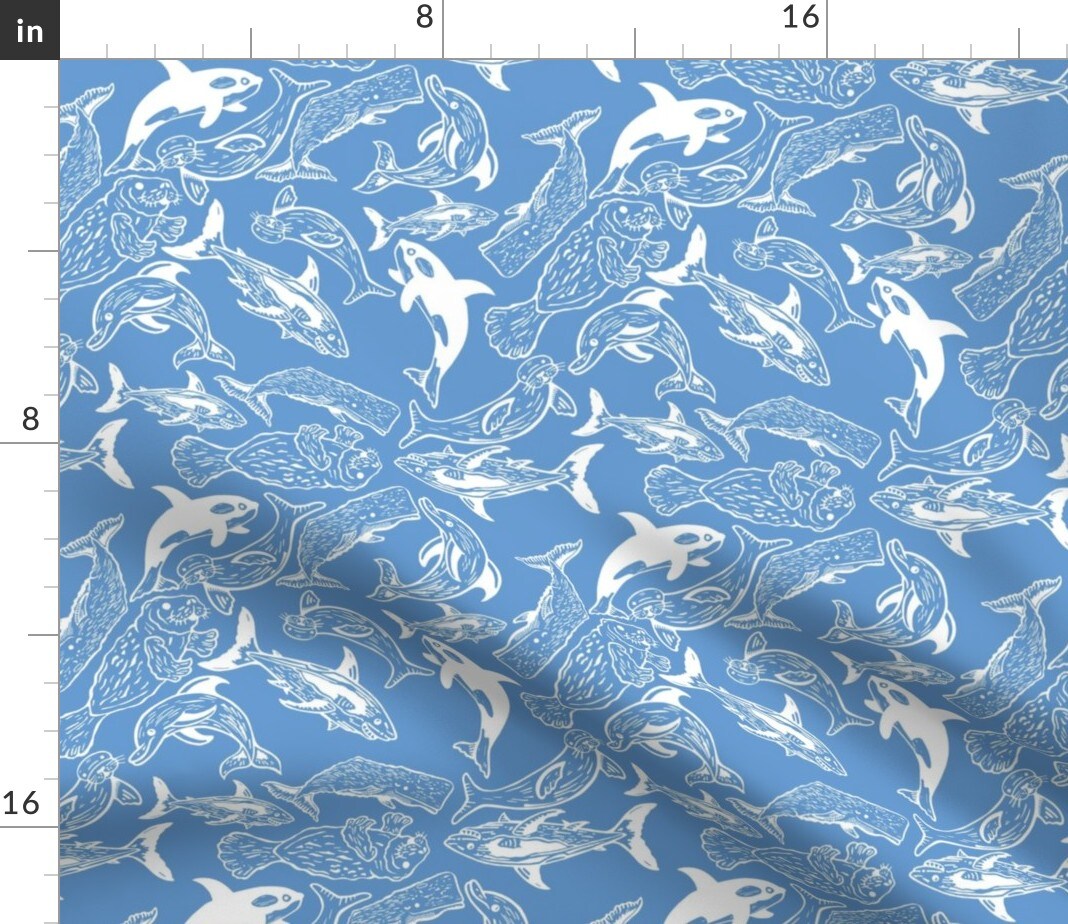 Under The Sea Blue Dolphin Shark Whale Block Print Custom Printed Fabric by Spoonflower Various Fabrics by the Yard or Fat Quarter