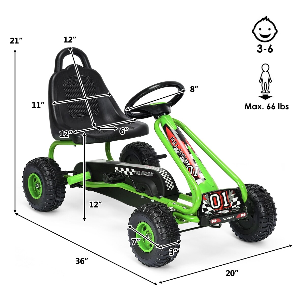 Iron Pedal Powered Ride On Car Go Kart for Kids with Adjustable Seat