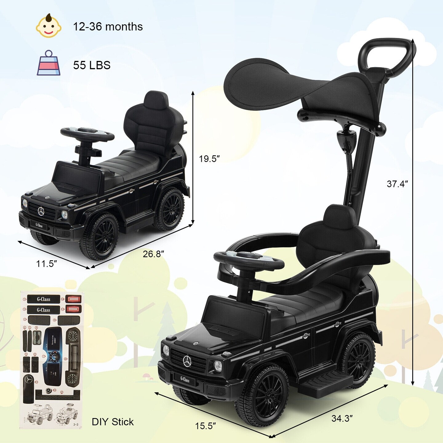 3 In 1 Ride on Push Car Mercedes Benz G350 Stroller Sliding Car with Canopy