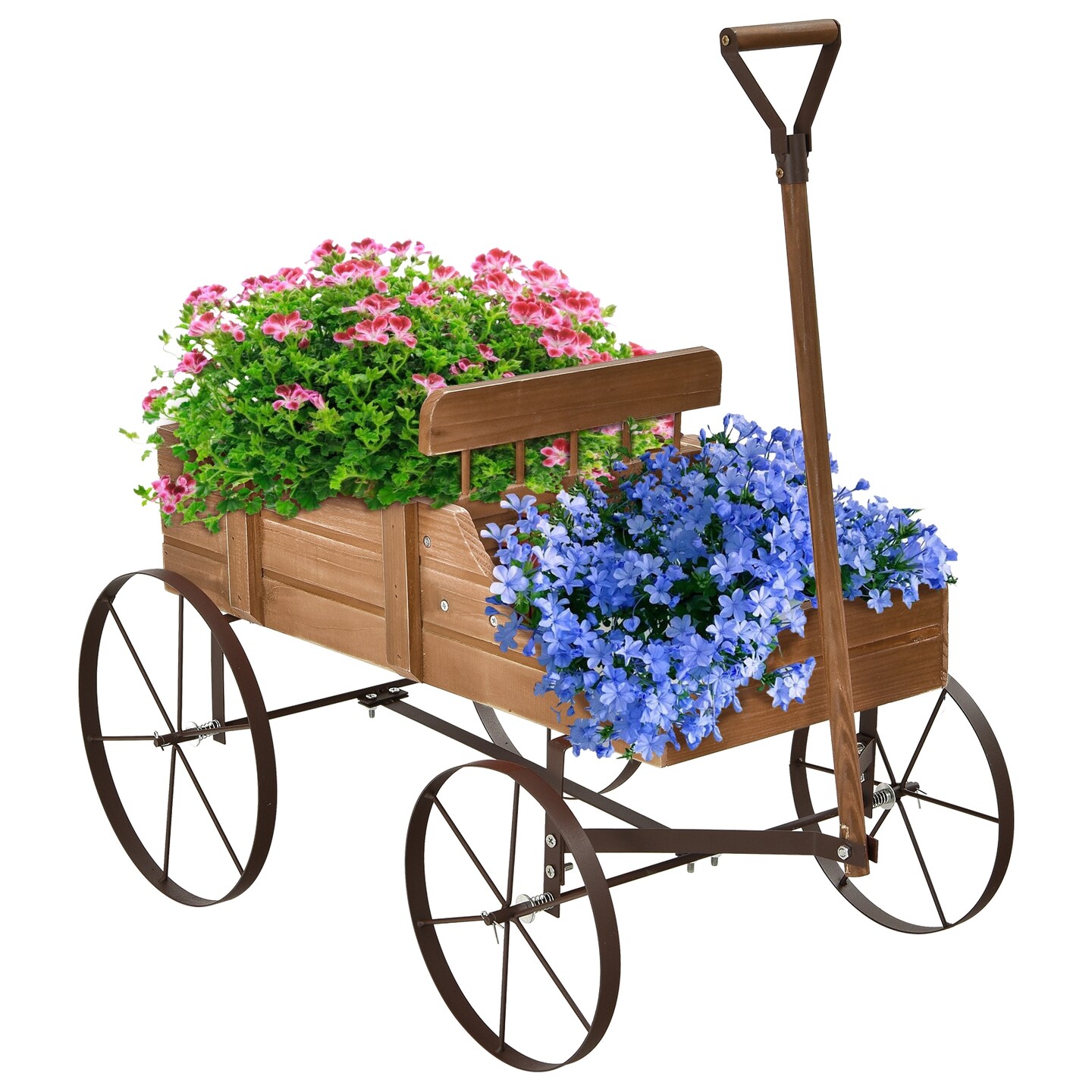 Wooden Wagon Plant Bed With Wheel for Garden Yard