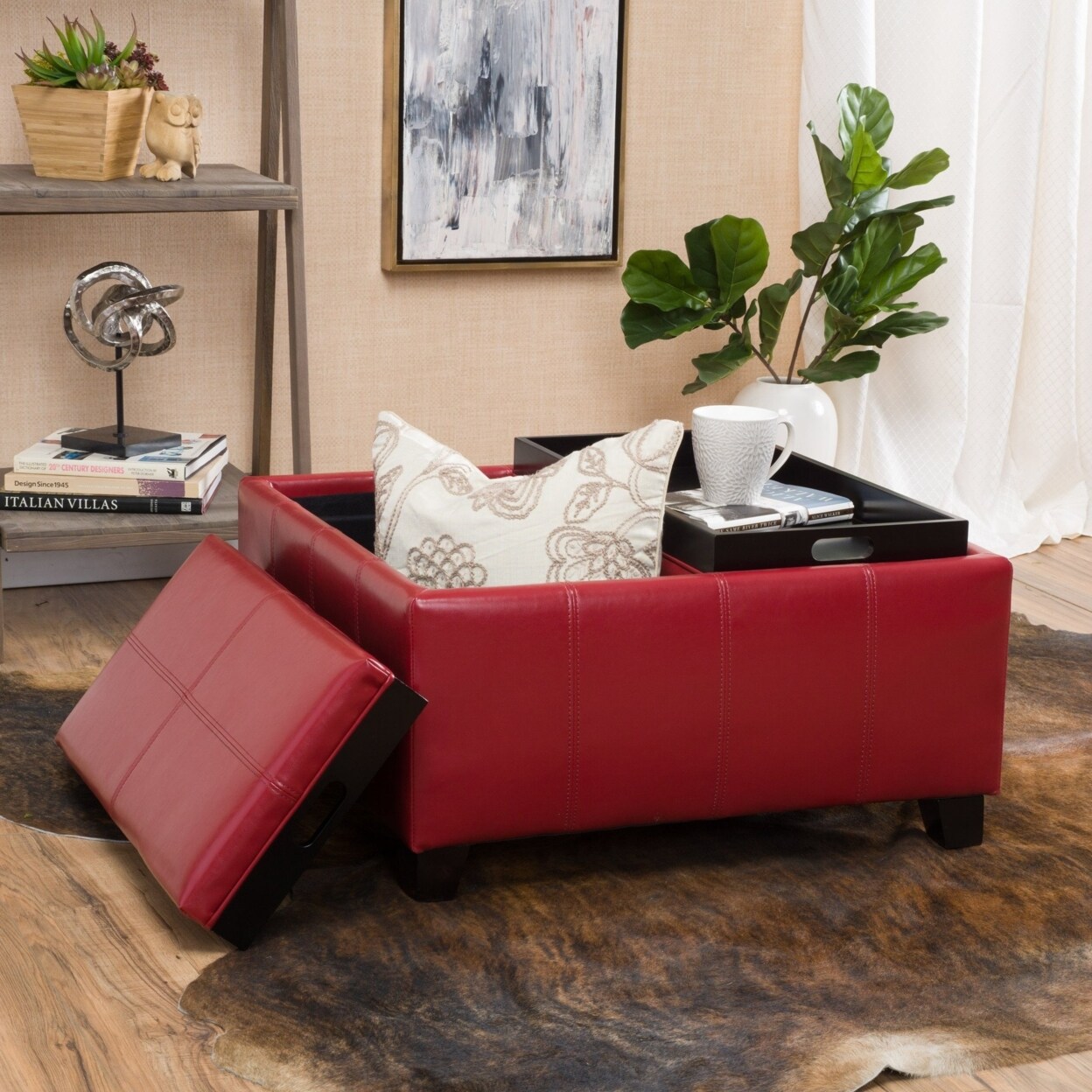 GDF Studio Justin 2 Tray Top Red Ottoman Coffee Table with Storage