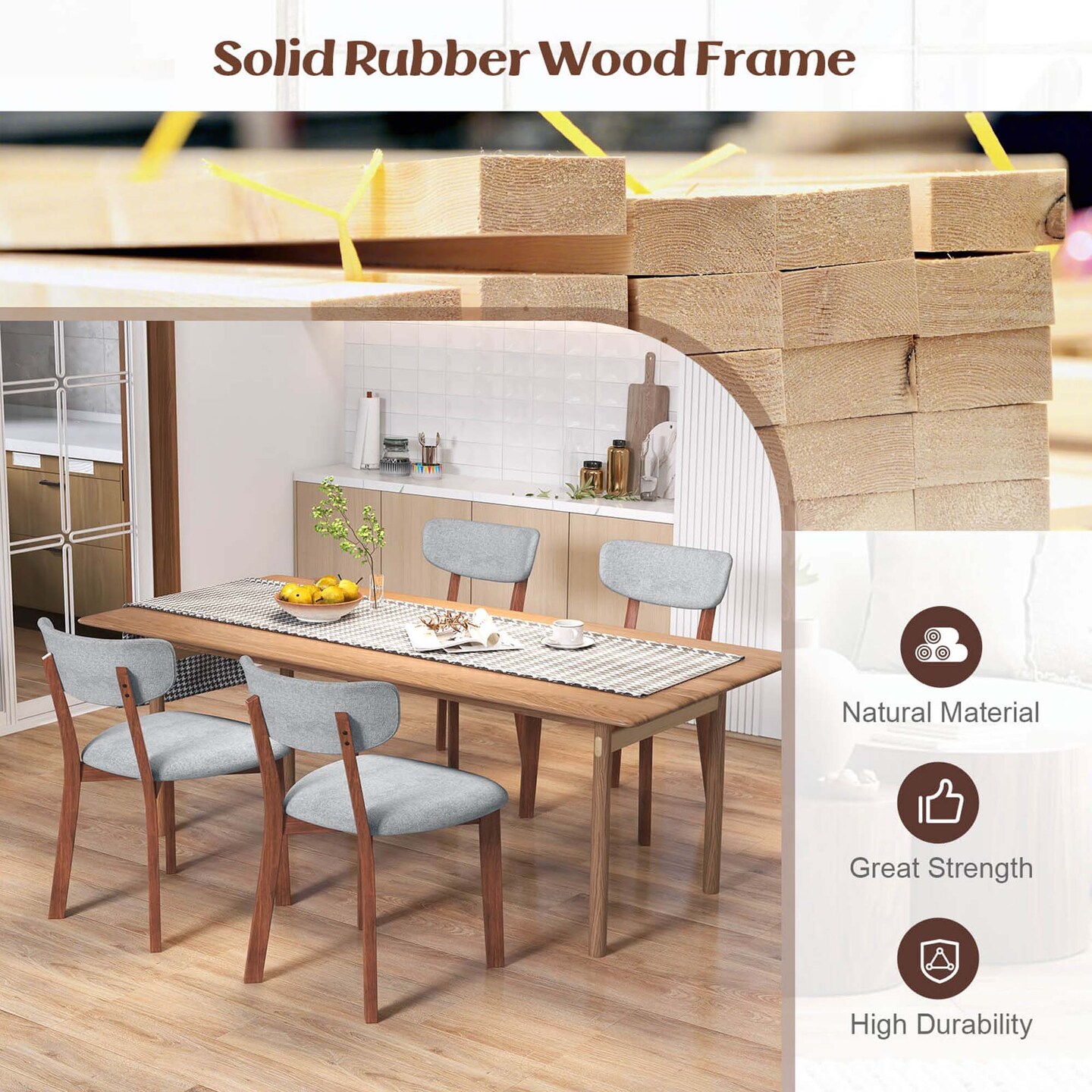 Costway Upholstered Dining Chairs Set of 4 with Solid Rubber Wood Frame, Curved Backrest Brown/Grey