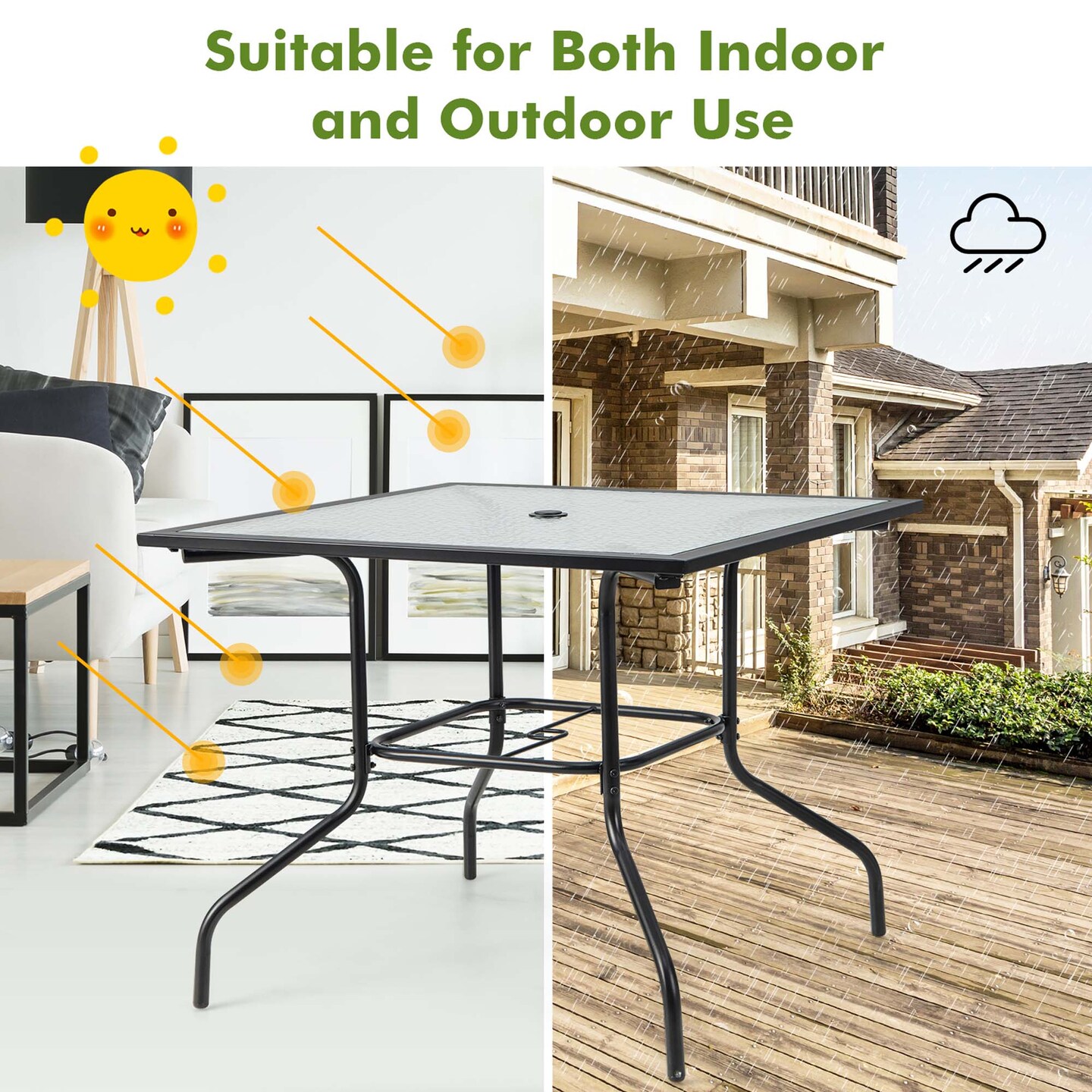 Costway 35&#x27;&#x27; Patio Dining Table Tempered Glass Top Bistro Table with 1.5&#x27;&#x27; Umbrella Hole