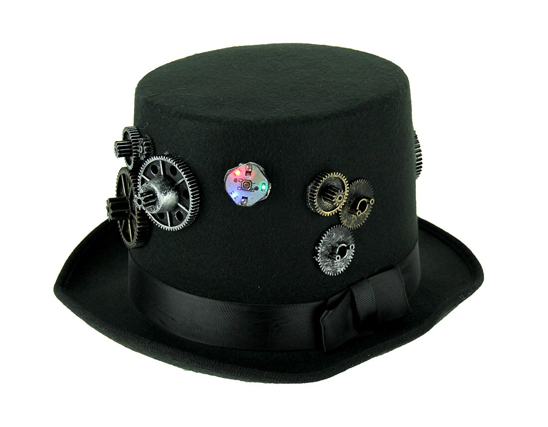 Formal Black Steampunk Style Top Hat With Flashing LED Lights