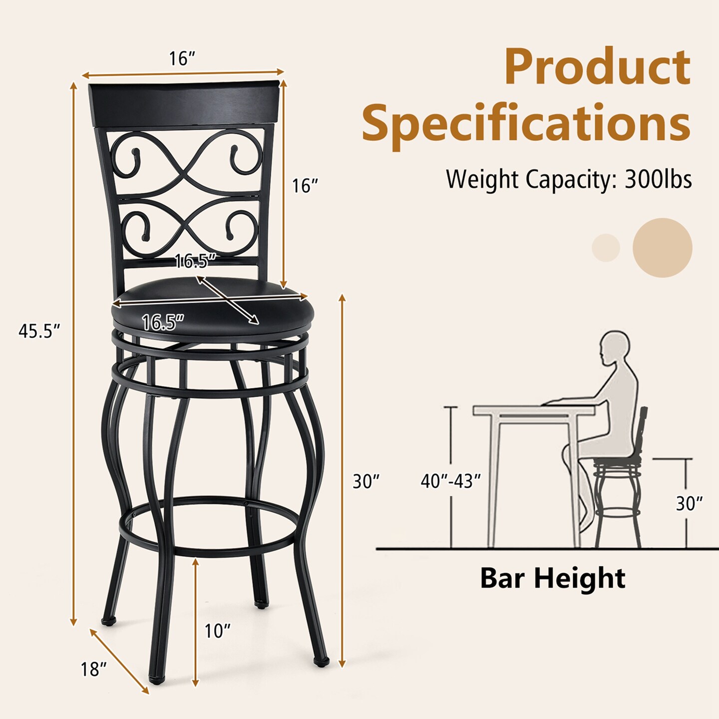 Costway Set of 2/4 Vintage Swivel Bar Stools 30&#x27;&#x27; Bistro Upholstered Dining Chairs Black