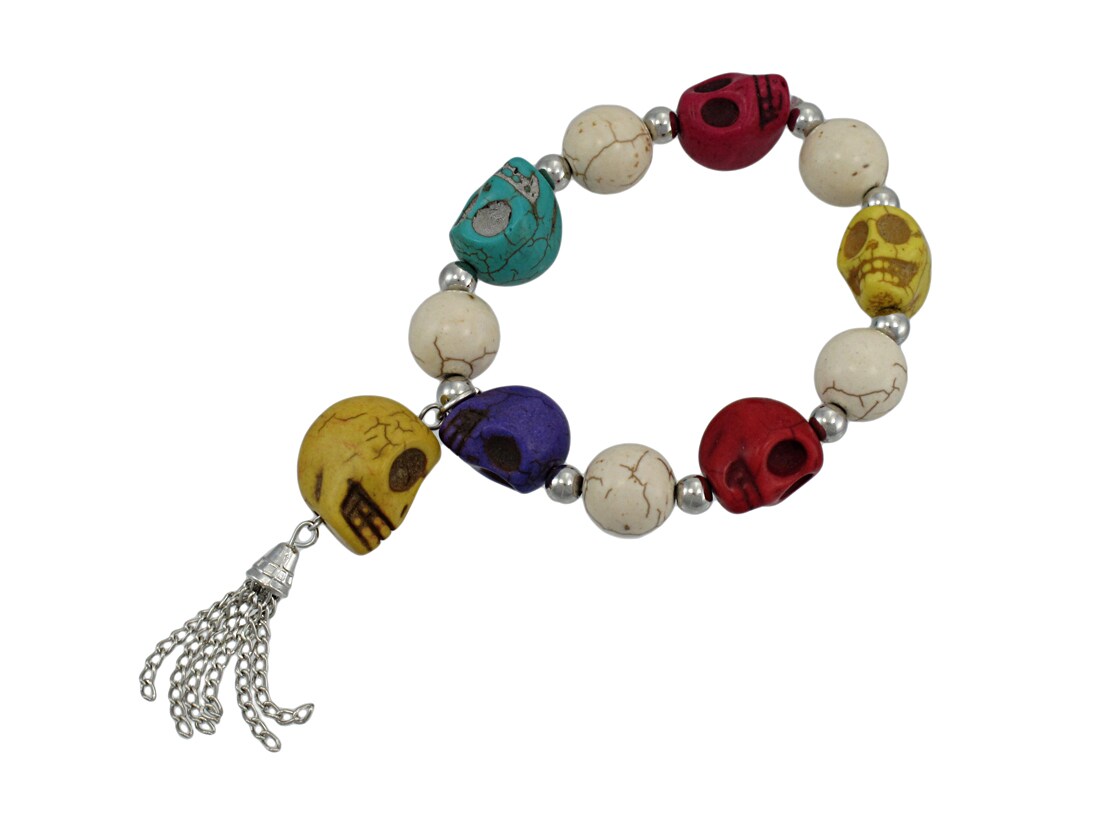 Multicolor 3D Skull Bead Stretch Bracelet Chrome Accents