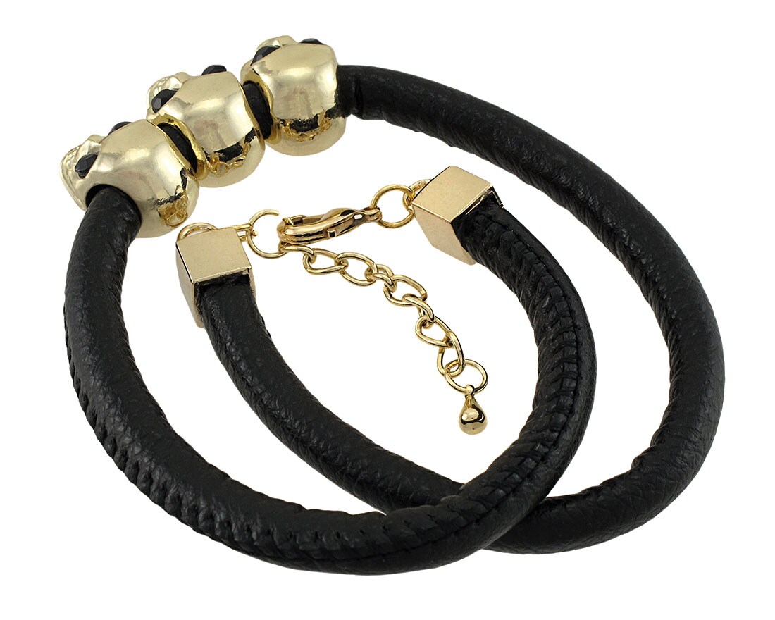 Rounded Vinyl Double Wrap Bracelet with Gold Tone Skull Beads