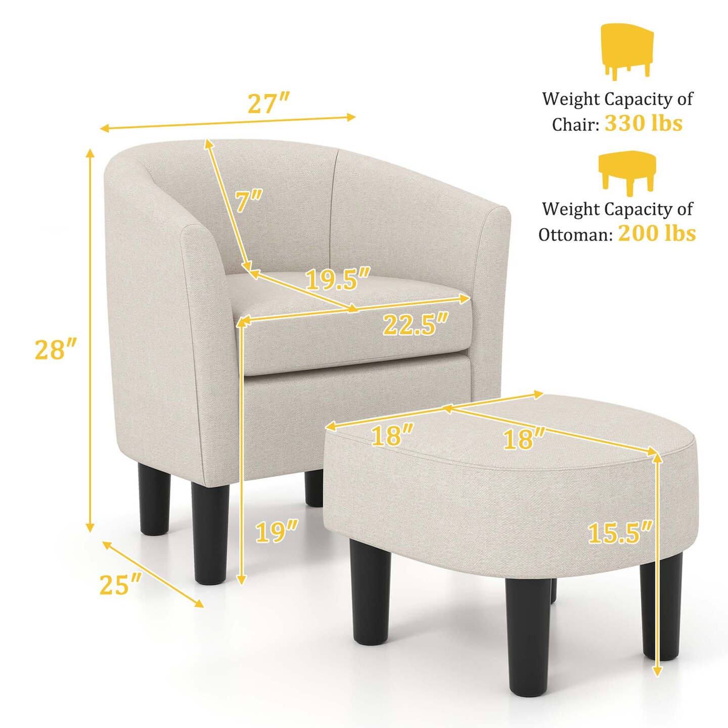 Costway Barrel Club Chair with Ottoman Set Footrest Curved Back &#x26; Removable Seat Cushion Grey/Beige