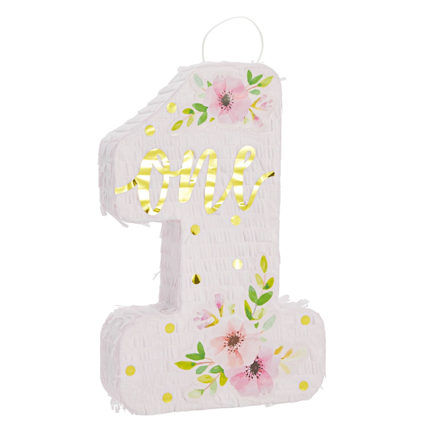 Small Pink Floral Number 1 Pinata for Girl&#x27;s 1st Birthday Party Decorations, Table Centerpieces, Gold Foil &#x22;One&#x22; and Hibiscus Floral Print Designs (11x17x3 in)