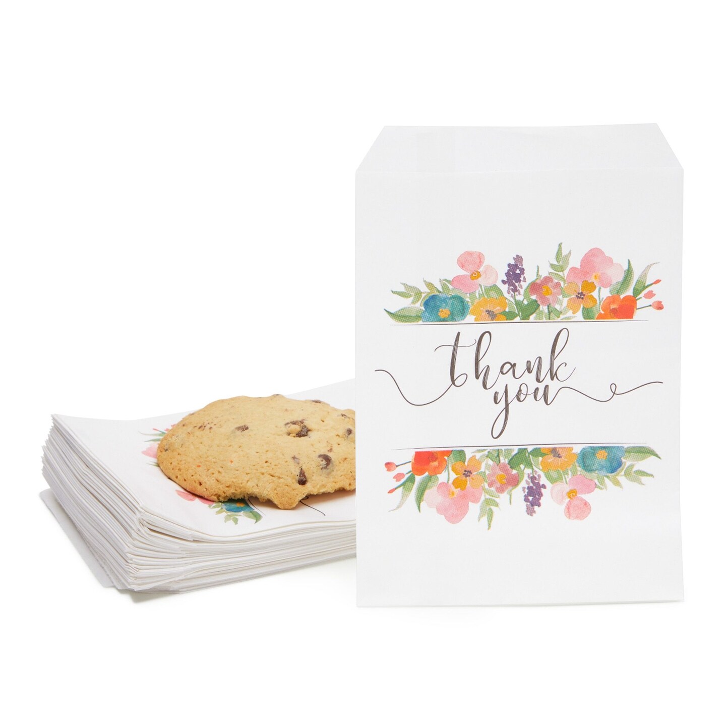 100 Pack Paper Cookie Bags, 5 x 7 Inch for Party Favors, Treats, Candy, Wedding, Individual Bag with Floral Thank You Design, Mini Gift Bags for Snacks, Goodies