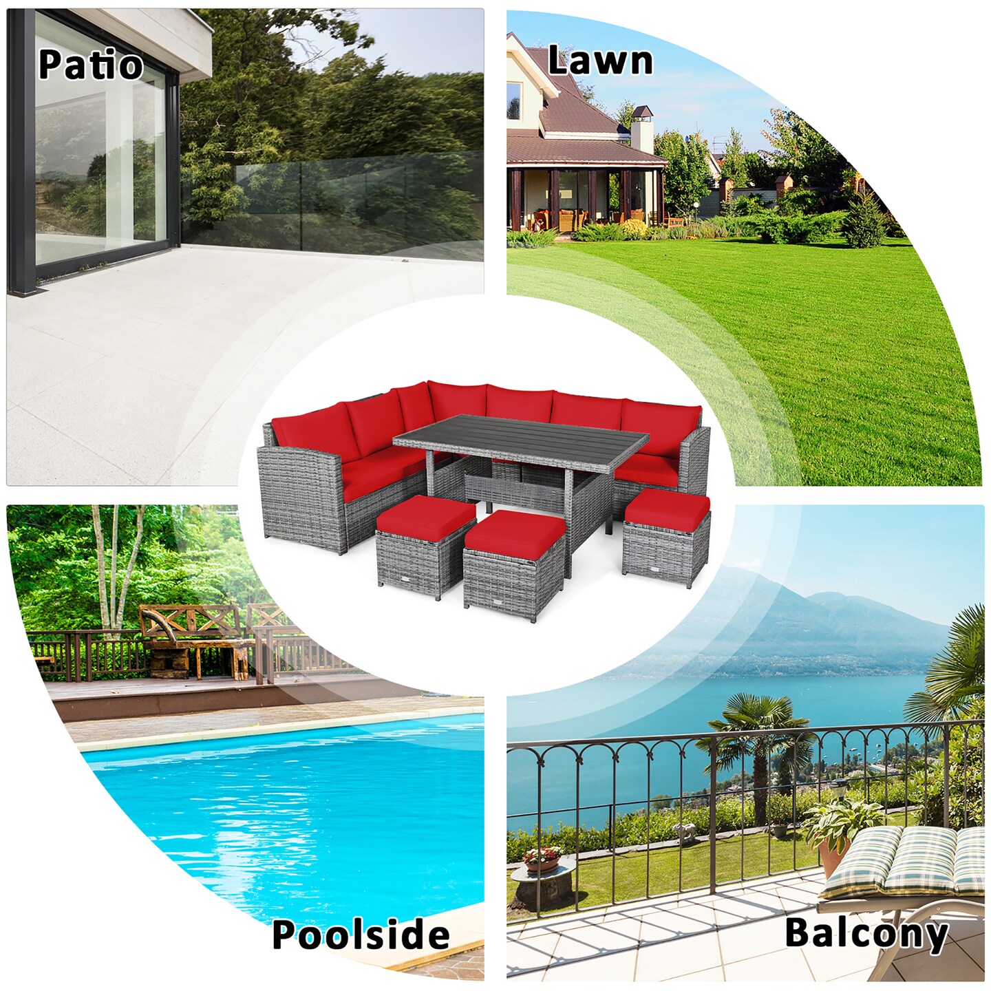 Costway 7 PCS Patio Rattan Dining Set Sectional Sofa Couch Ottoman Garden White\Red\Black
