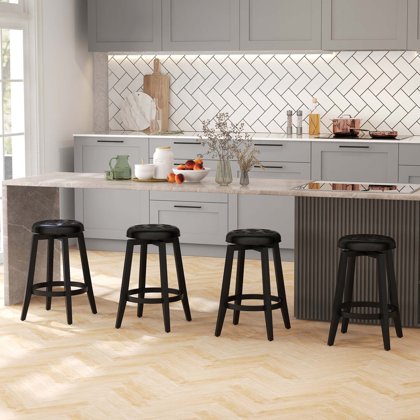 Costway 26&#x22;/30&#x22; Swivel Bar Stool Set of 2 Upholstered Counter/Bar Height Rubber Wood Frame Black