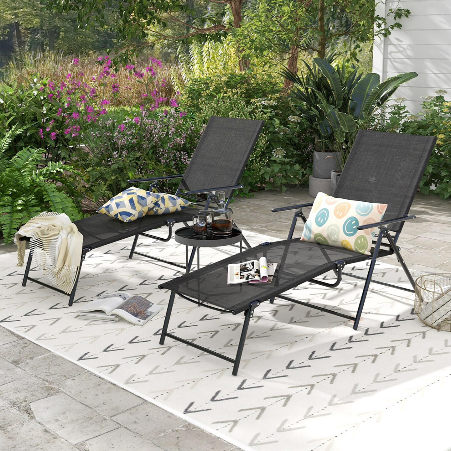 Costway 2 Piece Patio Folding Chaise Lounge Chairs with 6-Level Backrest Reclining Chairs Tan/Black/Grey