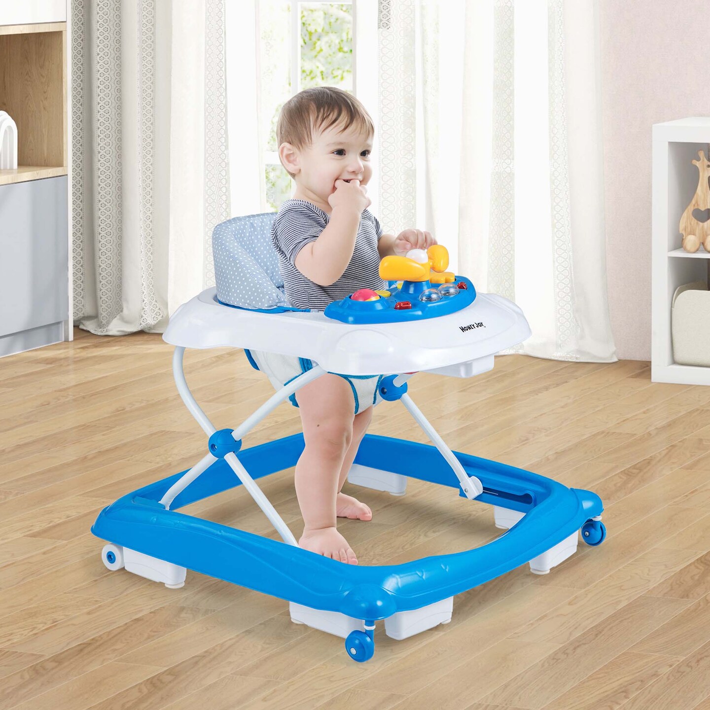 Honeyjoy Foldable Baby Walker with 3 Adjustable Heights Comfy Padded Seat Music Tray Blue/Green/Grey/Pink
